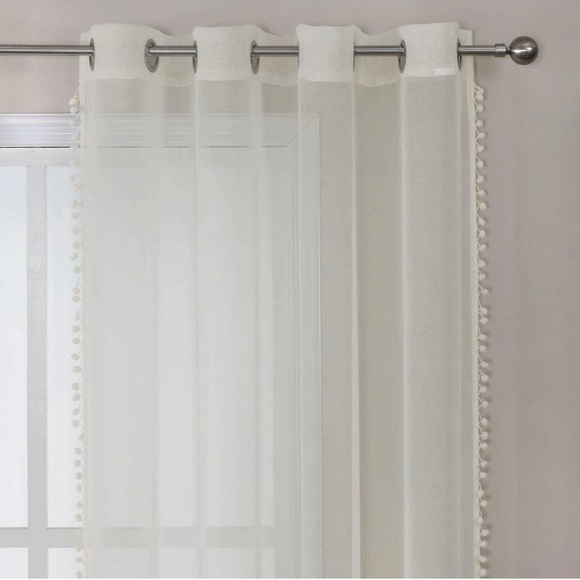 NWT Sheer Ivory curtain panels with pom pom trim - set of 2 - Picture 3 of 13
